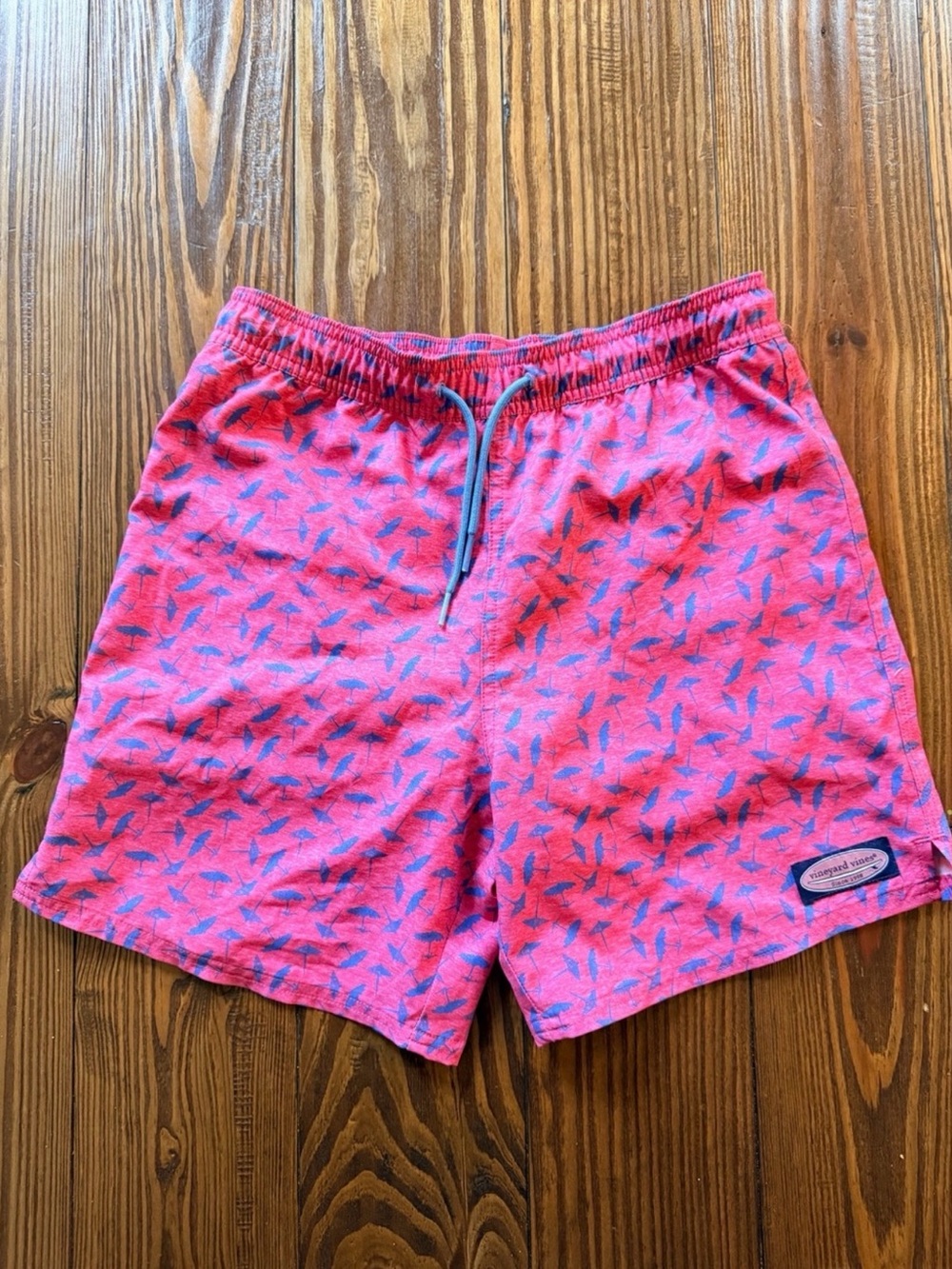 Vineyard Vines Pink Swim Trunks with Blue Leaf Print